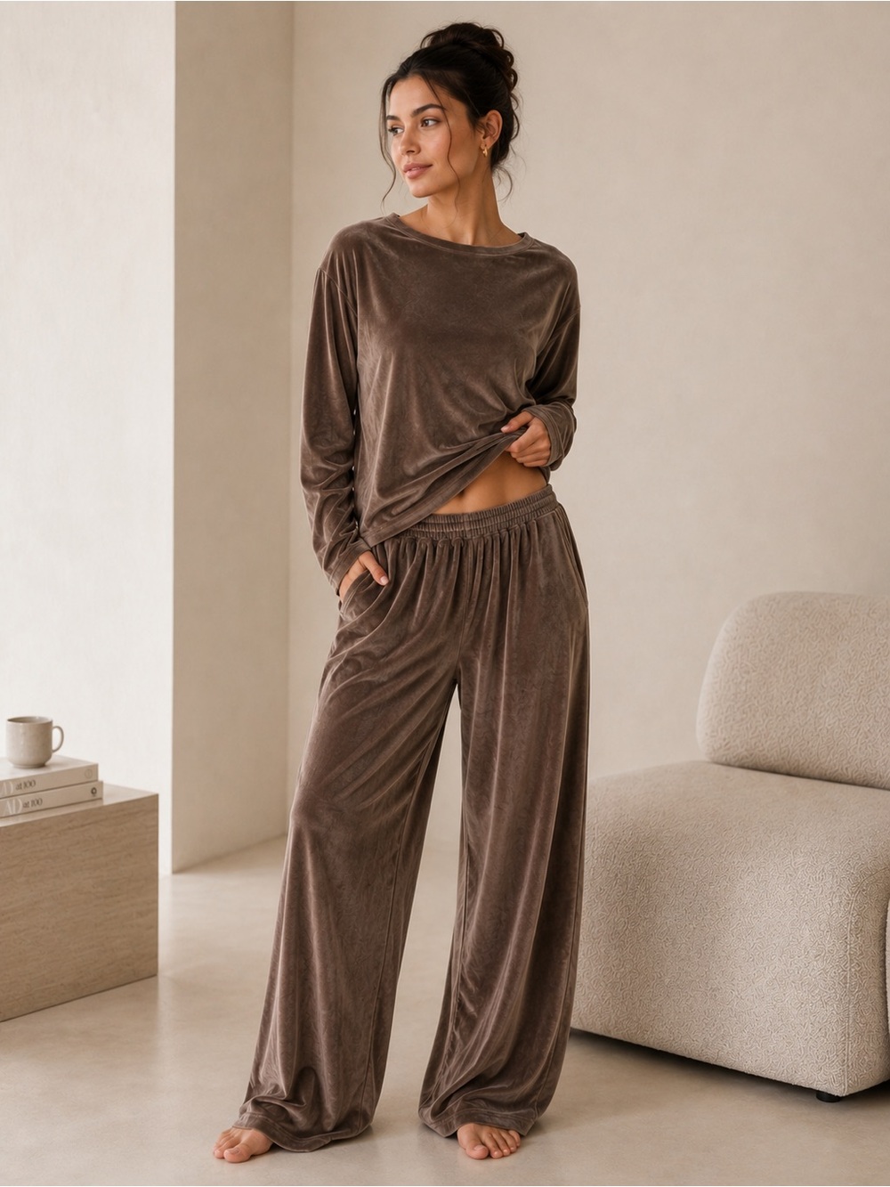 SKIMS Cozy Velour Y2K Wideleg Pants Brown